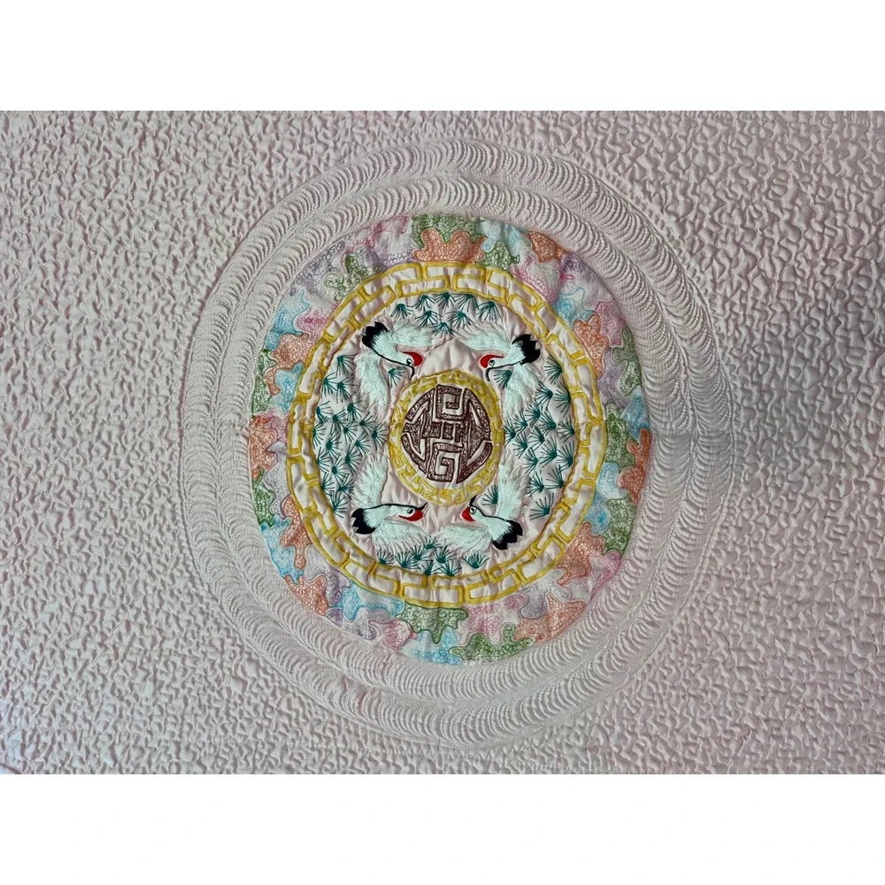 Vintage Asian Satin Wedding Quilt Pink Crane Embroidery Bedspread 80x80 Handmade